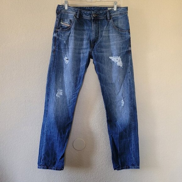Diesel Mens Krayver Slim Carrot Jeans 31x30 Blue Regular Denim Distressed